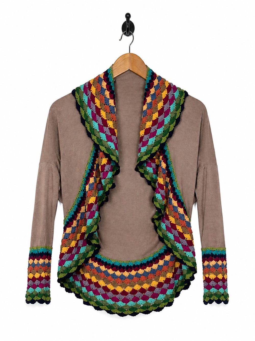 Giddy Up Glamour Crochet Trim Open Front Cardigan Size S Boho Multicolor